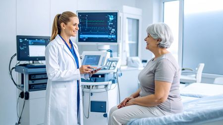  Ärztin berät ältere Patientin in moderner Arztpraxis