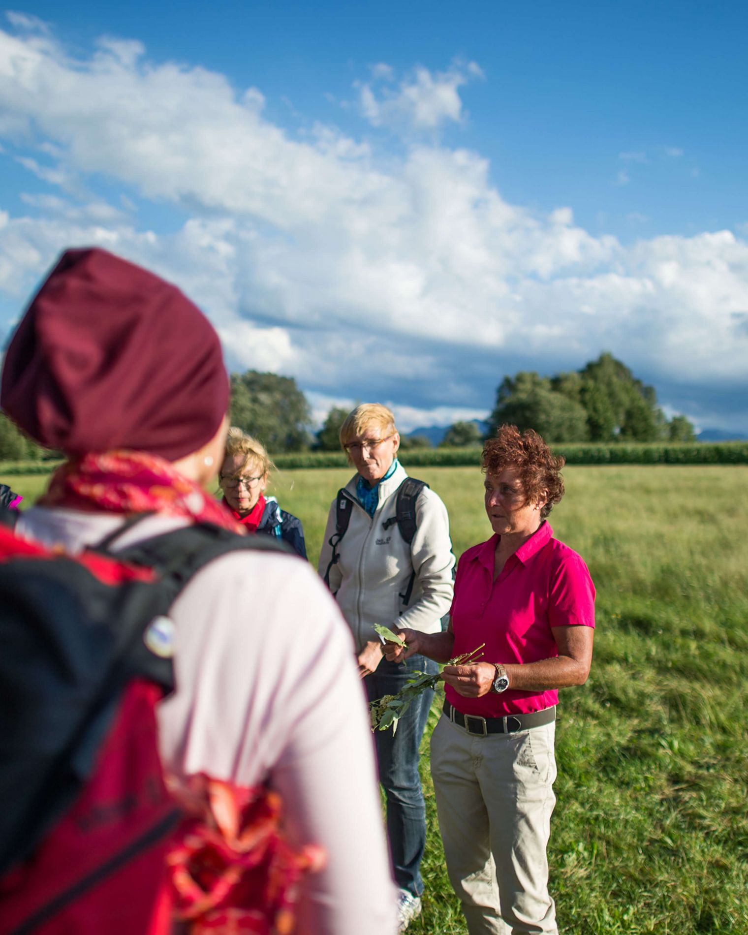 Kräuterexpertin erklärt Teilnehmergruppe Wissenswertes zu Wildkräutern am Wegesrand