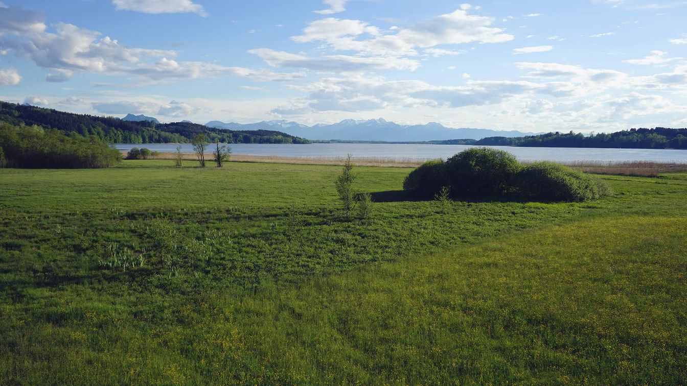 Panoramablick bei Sommerwetter über den Simssee