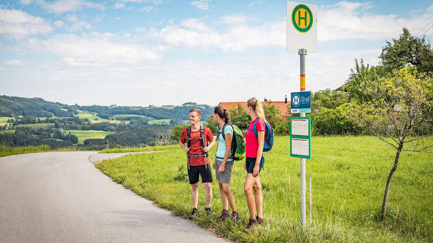 Drei Wandernde mit Rucksäcken warten an einer Bushaltestelle auf einer Landstraße im Chiemsee-Alpenland, umgeben von grünen Wiesen und Hügeln.