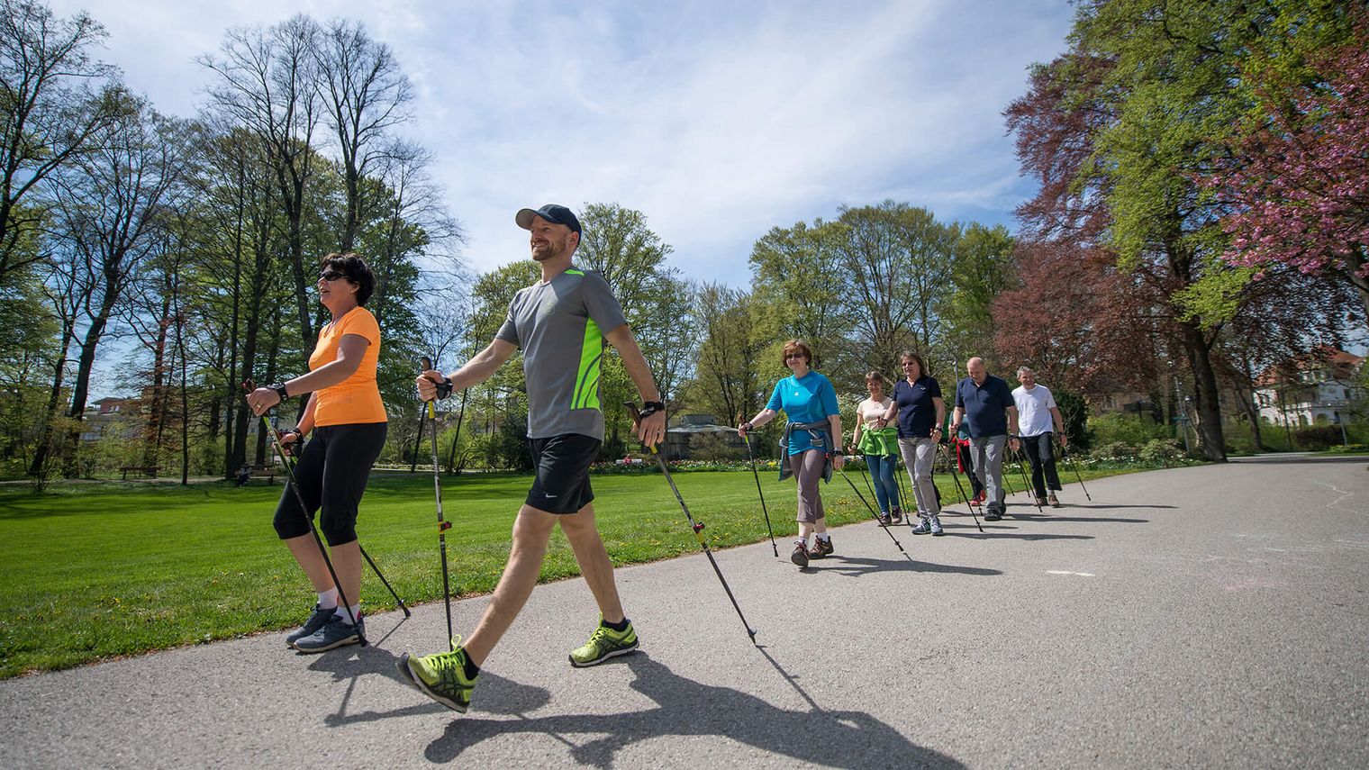 Menschengruppe beim Nordic Walking im sommerlichen Kurpark