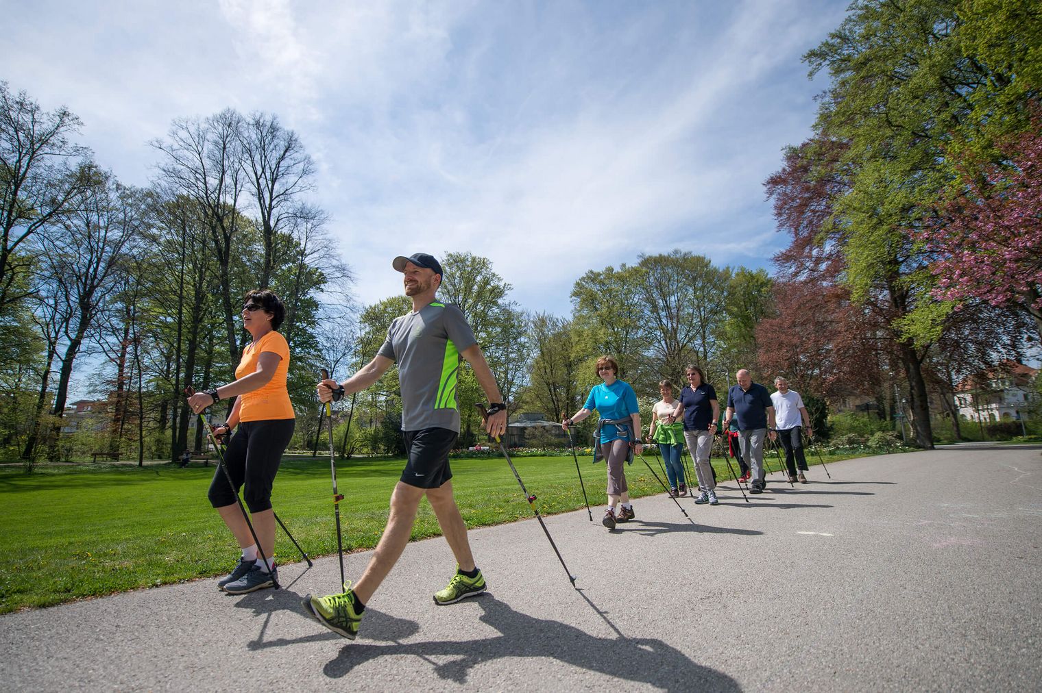 Menschengruppe beim Nordic Walking im sommerlichen Kurpark