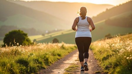 Frau joggt bei Sonnenuntergang auf einem ländlichen Weg