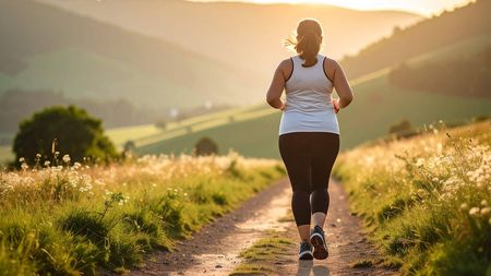 Frau joggt bei Sonnenuntergang auf einem ländlichen Weg