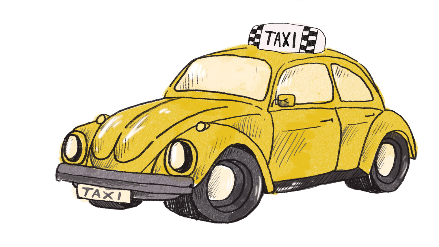 Illustration eines gelben Taxis im Stil eines VW Käfers mit Taxi-Schild auf dem Dach.